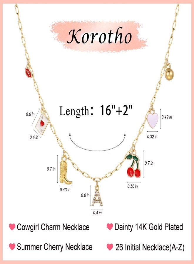 Korotho Cowgirl Necklace Cherry Initial Charm Necklaces for Women, Summer Beach Jewelry A Necklace Gold Charms Pendant Boho Necklaces Western Cowgirl Boot Cherry Heart Charm Jewelry Gifts (A) - Image 5